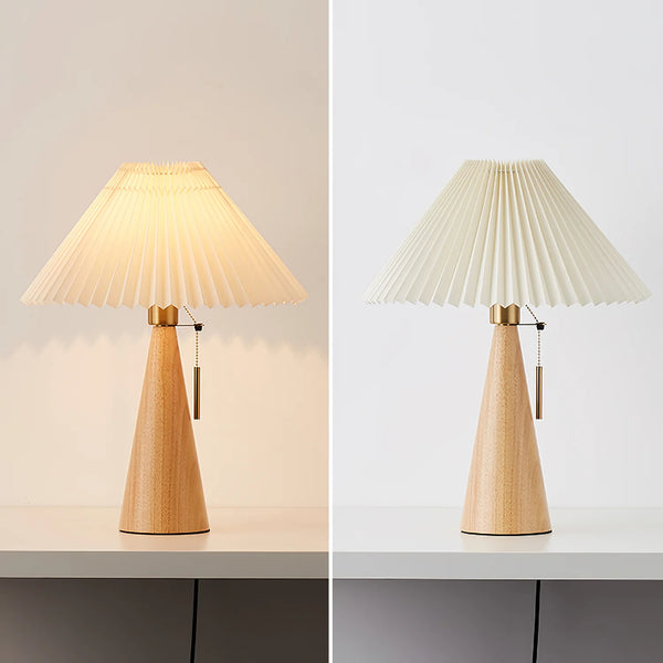 Japanese log style bedroom, pleated lampshade wooden table lamp