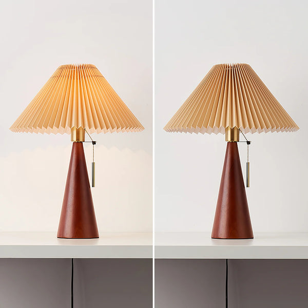 Japanese log style bedroom, pleated lampshade wooden table lamp