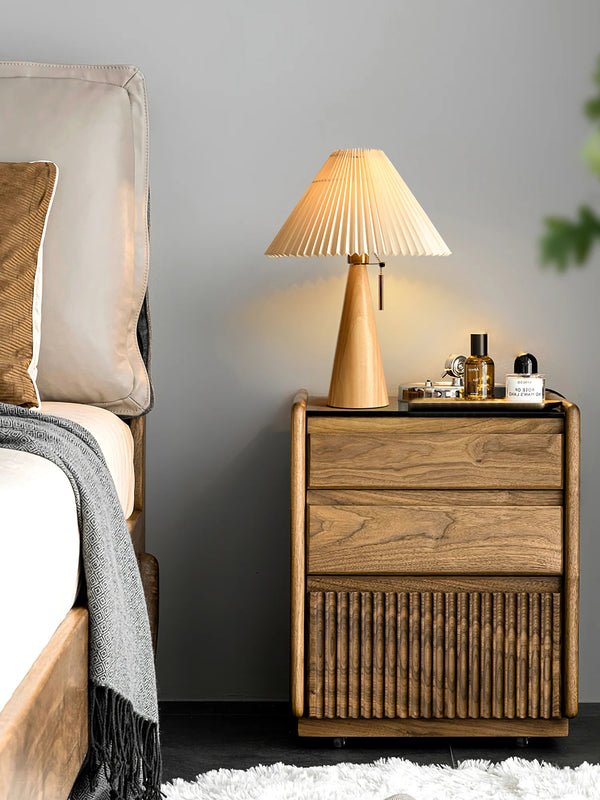 Japanese log style bedroom, pleated lampshade wooden table lamp