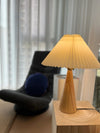 Japanese log style bedroom, pleated lampshade wooden table lamp