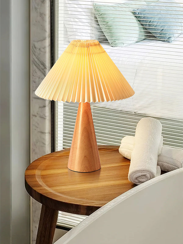 Japanese log style bedroom, pleated lampshade wooden table lamp