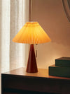 Japanese log style bedroom, pleated lampshade wooden table lamp