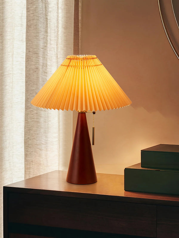 Japanese log style bedroom, pleated lampshade wooden table lamp