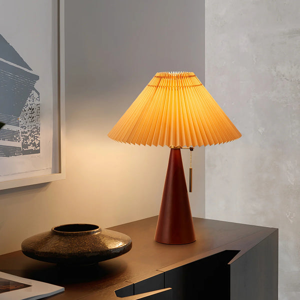 Japanese log style bedroom, pleated lampshade wooden table lamp