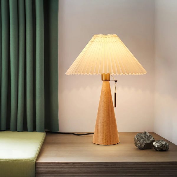 Japanese log style bedroom, pleated lampshade wooden table lamp