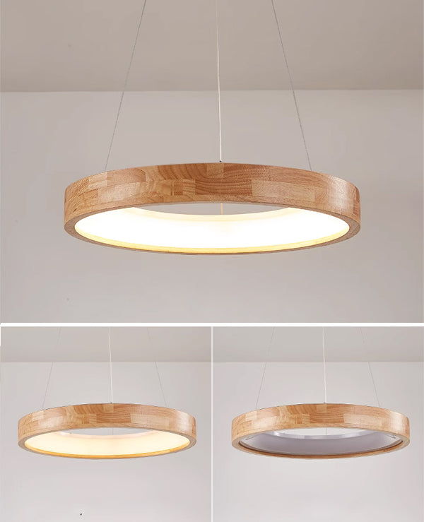 Runde Pendelleuchte, Esszimmer aus Holz
