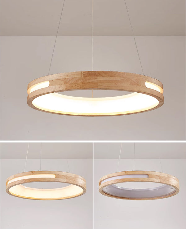 Runde Pendelleuchte, Esszimmer aus Holz