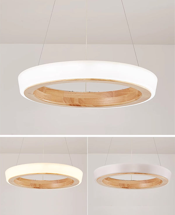 Runde Pendelleuchte, Esszimmer aus Holz