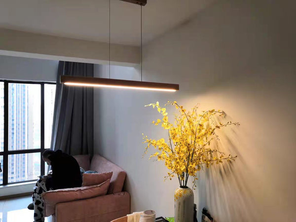 Lampe suspendue à longue bande en bois massif, lampe de salle à manger
