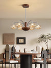 French mid-century style walnut grain glass living room chandelier