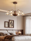 French mid-century style walnut grain glass living room chandelier
