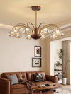 French mid-century style walnut grain glass living room chandelier