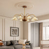 French mid-century style walnut grain glass living room chandelier
