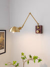 Industrial style vintage brass walnut long arm telescopic with switch bedroom bedside wall lamp