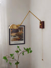 Industrial style vintage brass walnut long arm telescopic with switch bedroom bedside wall lamp