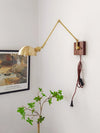 Industrial style vintage brass walnut long arm telescopic with switch bedroom bedside wall lamp