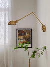 Industrial style vintage brass walnut long arm telescopic with switch bedroom bedside wall lamp