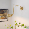 Industrial style vintage brass walnut long arm telescopic with switch bedroom bedside wall lamp