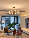 French mid-century style walnut grain glass living room chandelier
