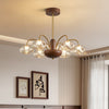 French mid-century style walnut grain glass living room chandelier