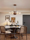 French mid-century style walnut grain glass living room chandelier