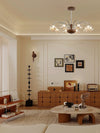 French mid-century style walnut grain glass living room chandelier