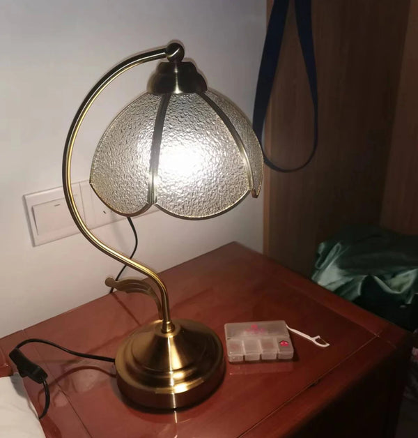 French retro bedroom brass glass petal table lamp