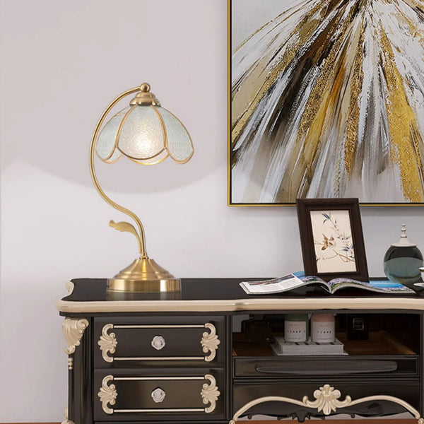 French retro bedroom brass glass petal table lamp