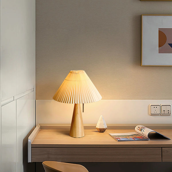 Japanese log style bedroom, pleated lampshade wooden table lamp