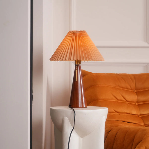 Japanese log style bedroom, pleated lampshade wooden table lamp