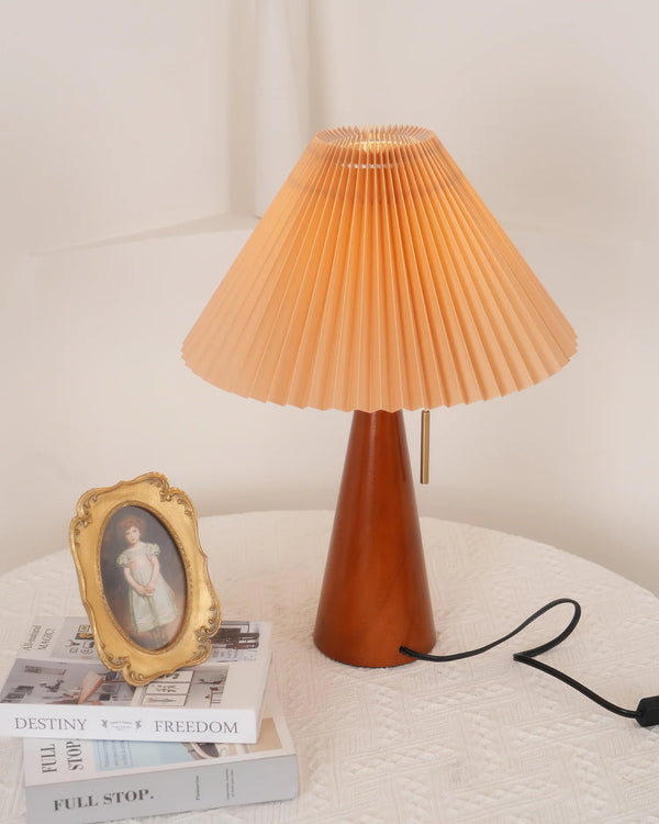 Japanese log style bedroom, pleated lampshade wooden table lamp