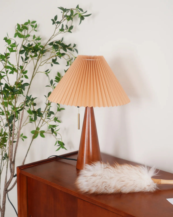 Japanese log style bedroom, pleated lampshade wooden table lamp