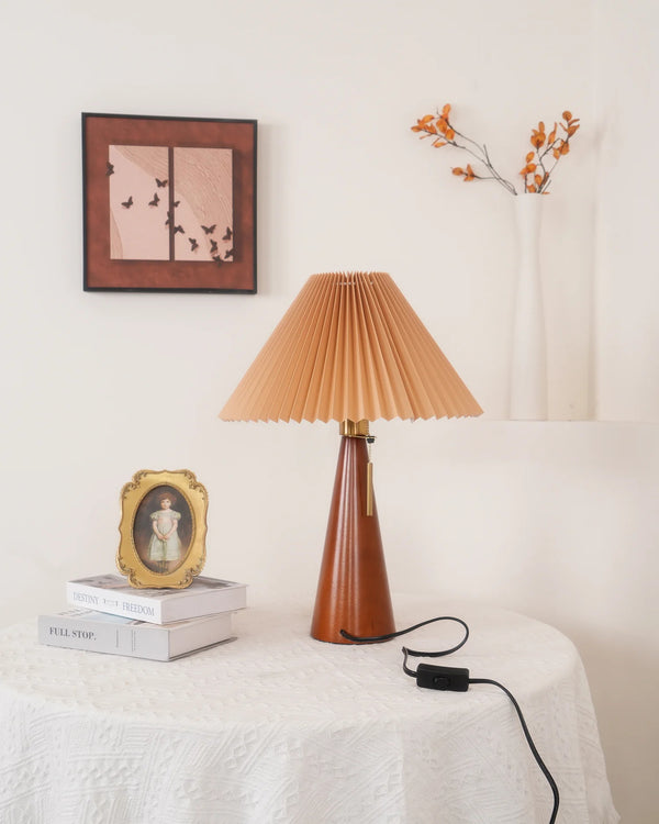 Japanese log style bedroom, pleated lampshade wooden table lamp