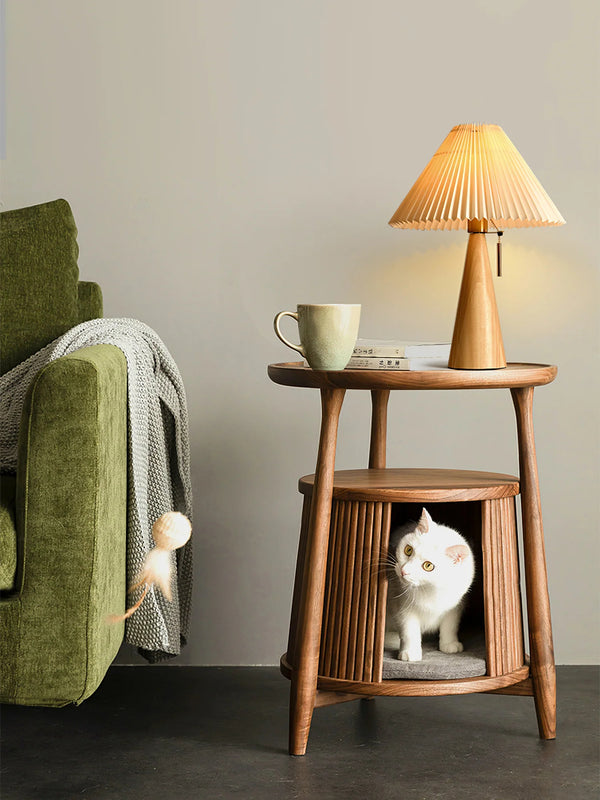 Japanese log style bedroom, pleated lampshade wooden table lamp