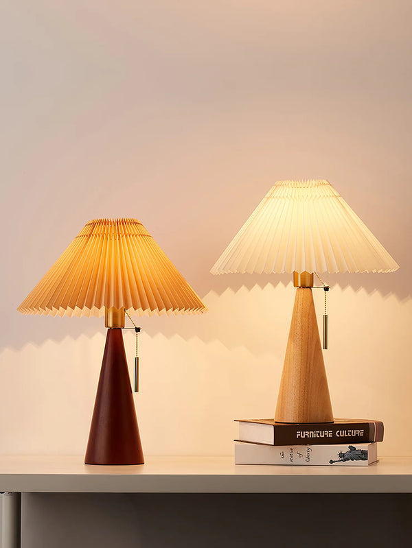 Japanese log style bedroom, pleated lampshade wooden table lamp